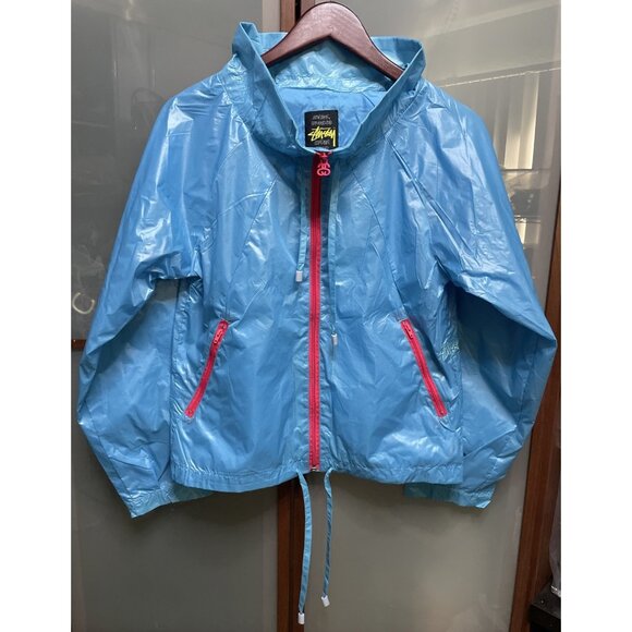 STUSSY GIRLS Y2K Women’s Blue Nylon Windbreaker Jacket Full Zip Up Size S NWT - Picture 1 of 12